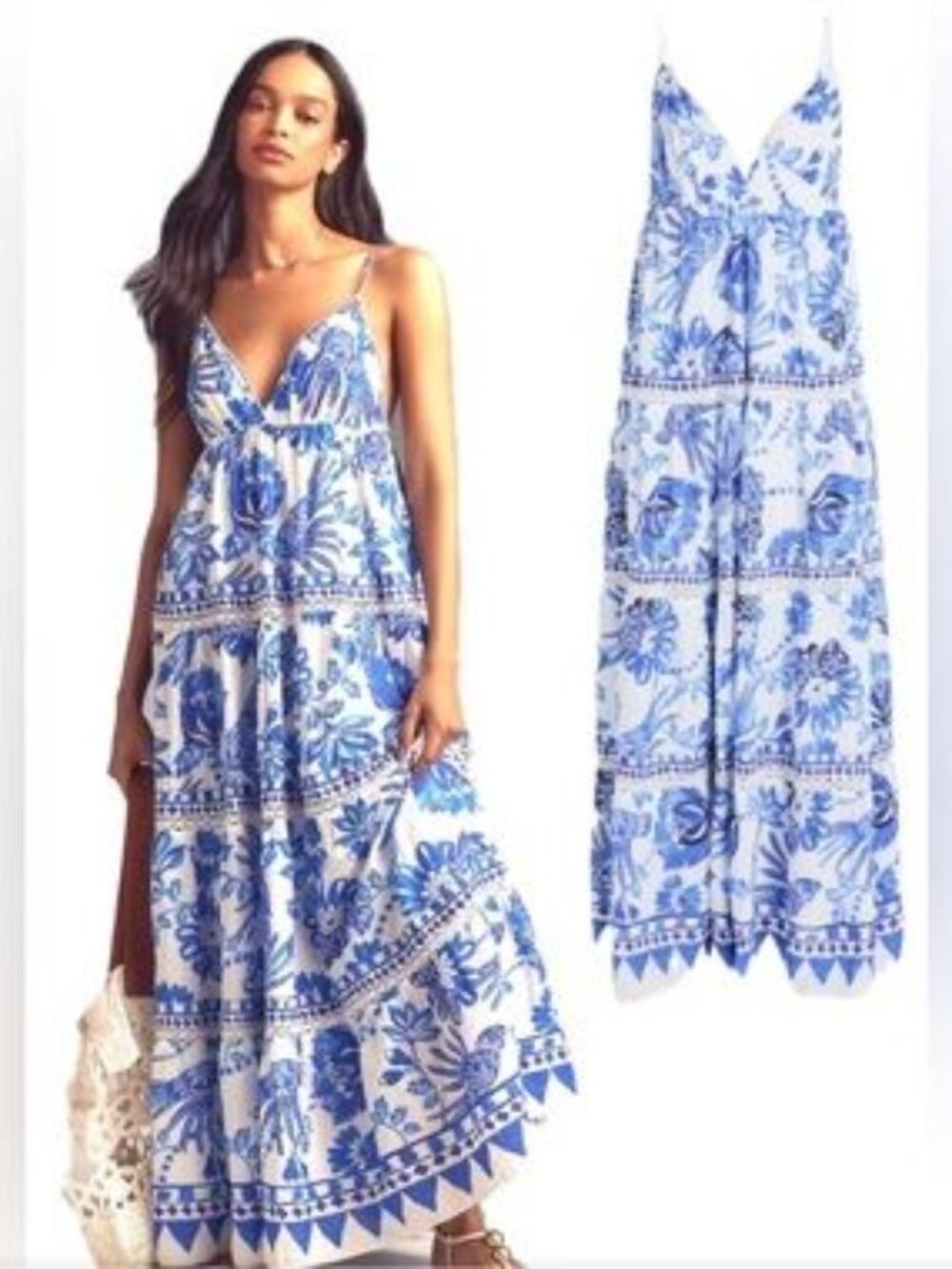 Farm Rio Flowerful Birds Maxi Dress Blue Floral Tiered Size XL worn once